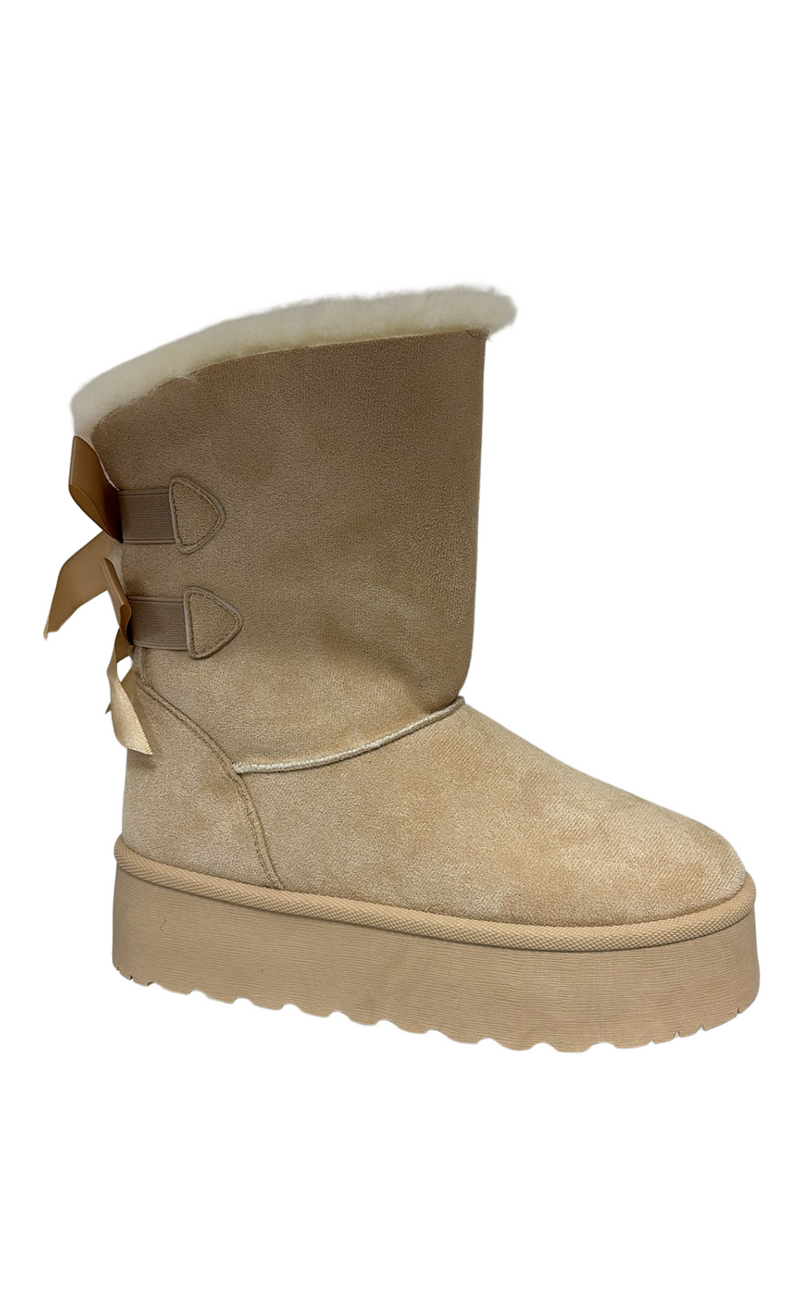 Liliana Satin Bow Flat Platform Faux Fur Boots for Women