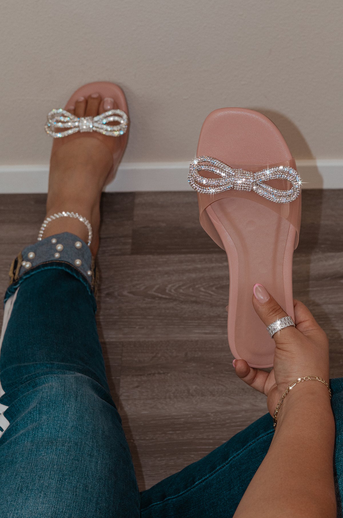 Smile - Embellished Rhinestones Flat Slip On Sandals