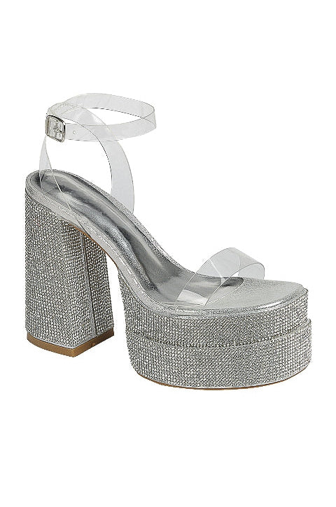 Sparkle All Around Glitter Detailing Block Platform Heels 8.5 Silver