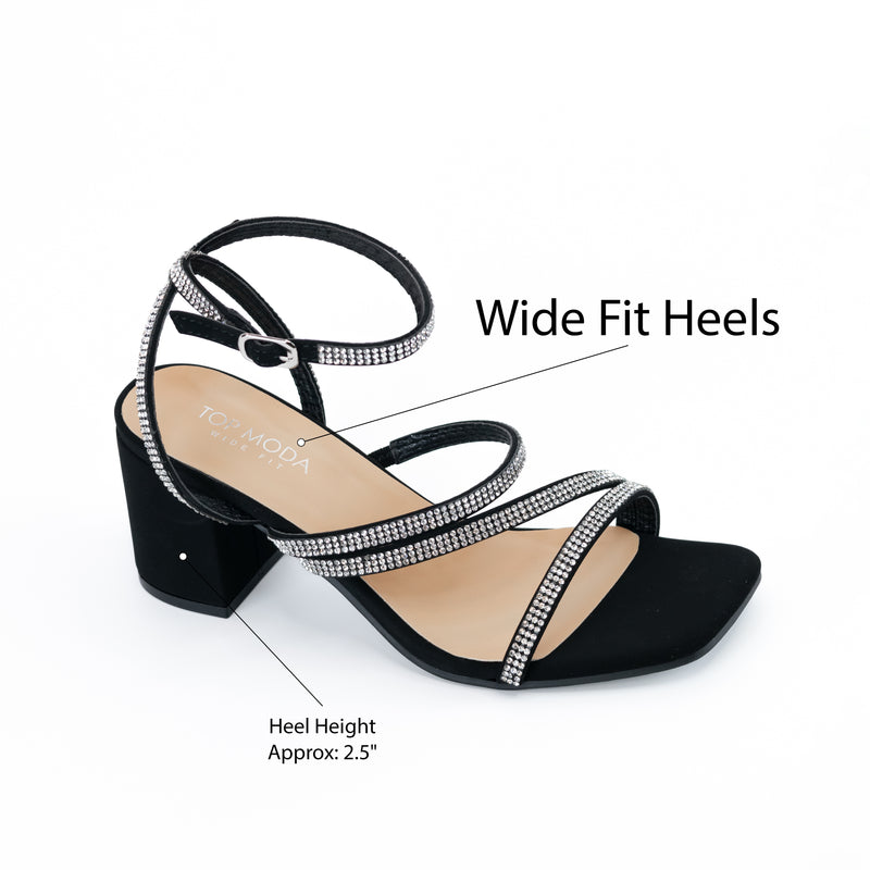 Heidy - Wide Fit Embellished Ankle Strap Mid Heels, Square Toe Design, Chic & Versatile Footwear, Ideal for Day-to-Night Looks