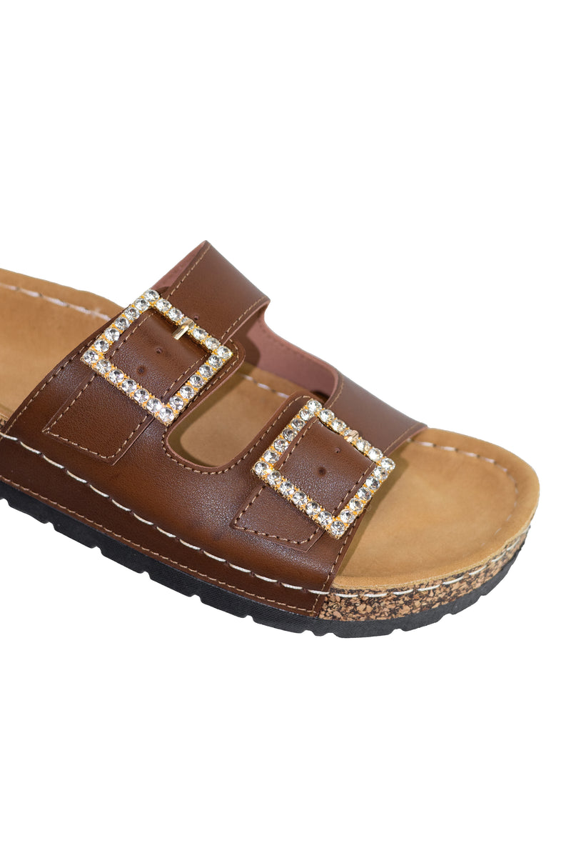 Rewind - Rhinestone Buckle Slip On Sandals