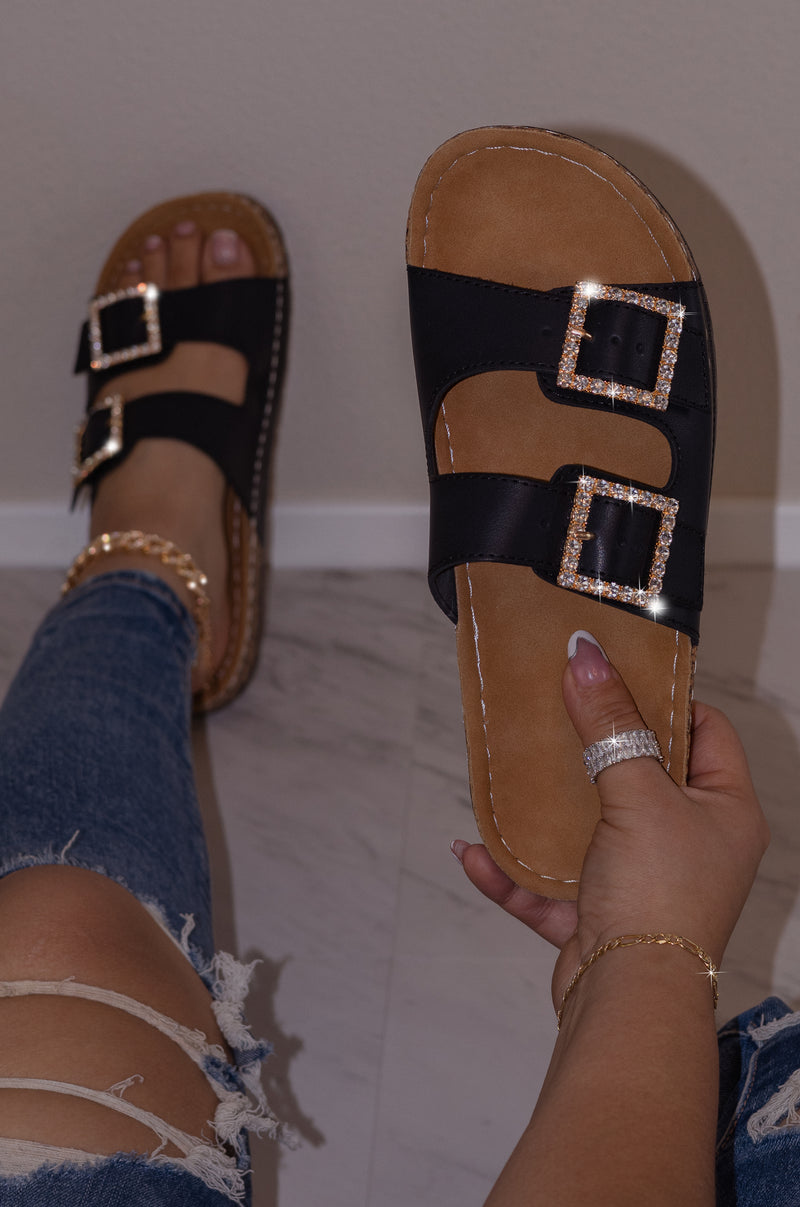 Rewind - Rhinestone Buckle Slip On Sandals