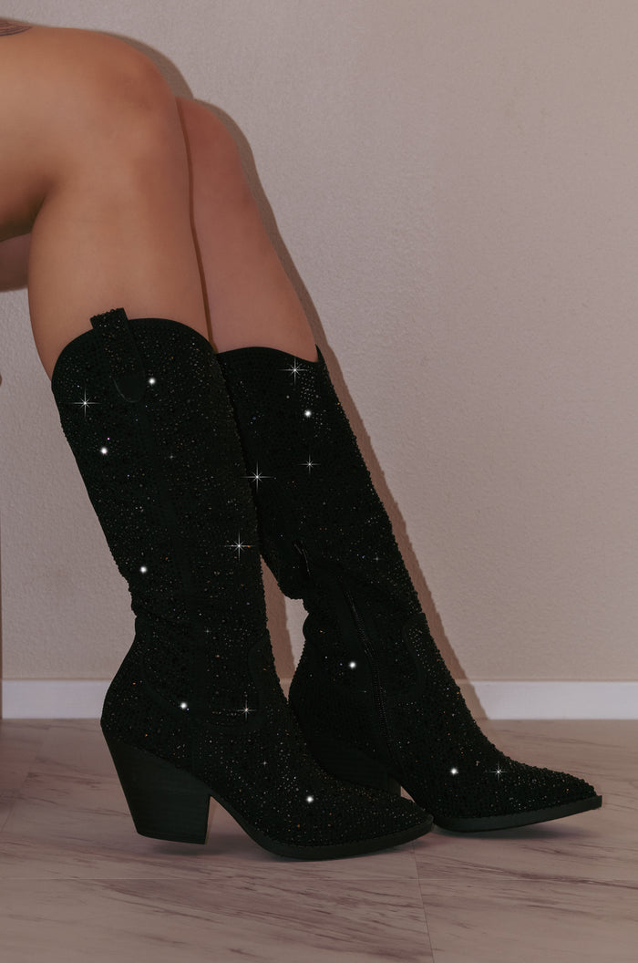 River - Women's Rhinestone Embellished Mid Heel Boots