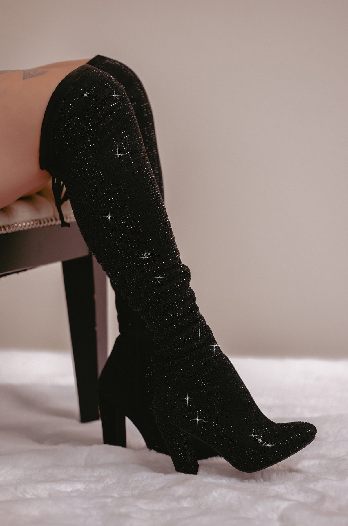 Shoes Black Knee High Boots Tie Back Block Heel Thigh High Boots