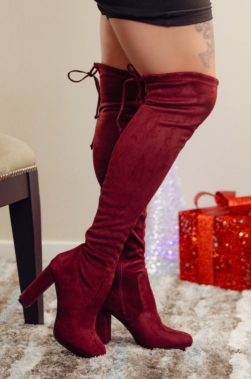 Platy - Over The Knee Lace Up Tie Back Suede Boots