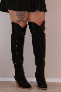 Ariana - Over The Knee Embellished Mid Stacked Heel Boots