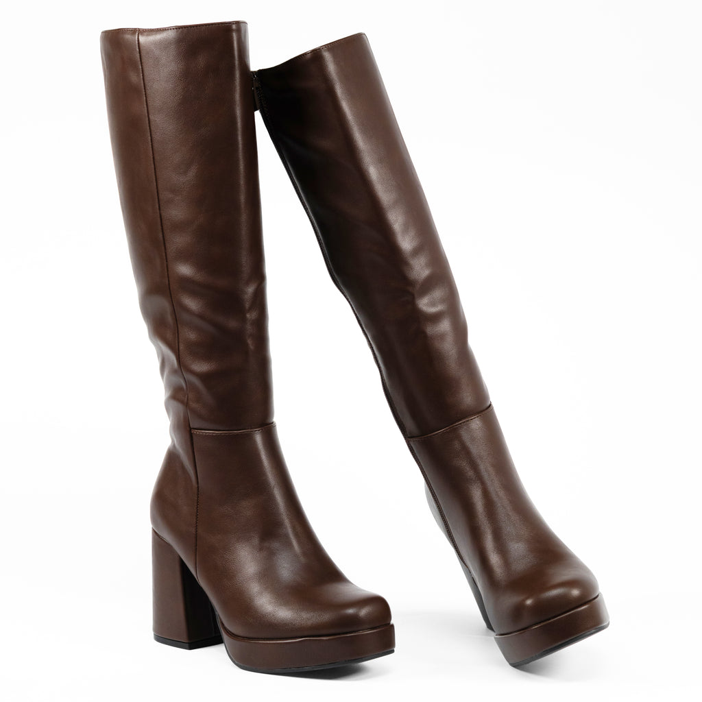 Venom - Women's Knee High Platform Boots, Regular Calf, Chunky Block Heel & Round Toe
