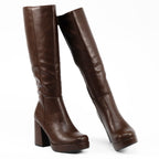 Venom - Women's Knee High Platform Boots, Regular Calf, Chunky Block Heel & Round Toe