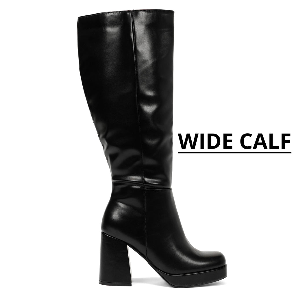 Venom - Auvette Women's Wide Calf Knee High Platform Boots, Chunky Block Heel & Round Toe