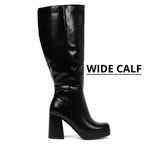 Venom - Auvette Women's Wide Calf Knee High Platform Boots, Chunky Block Heel & Round Toe
