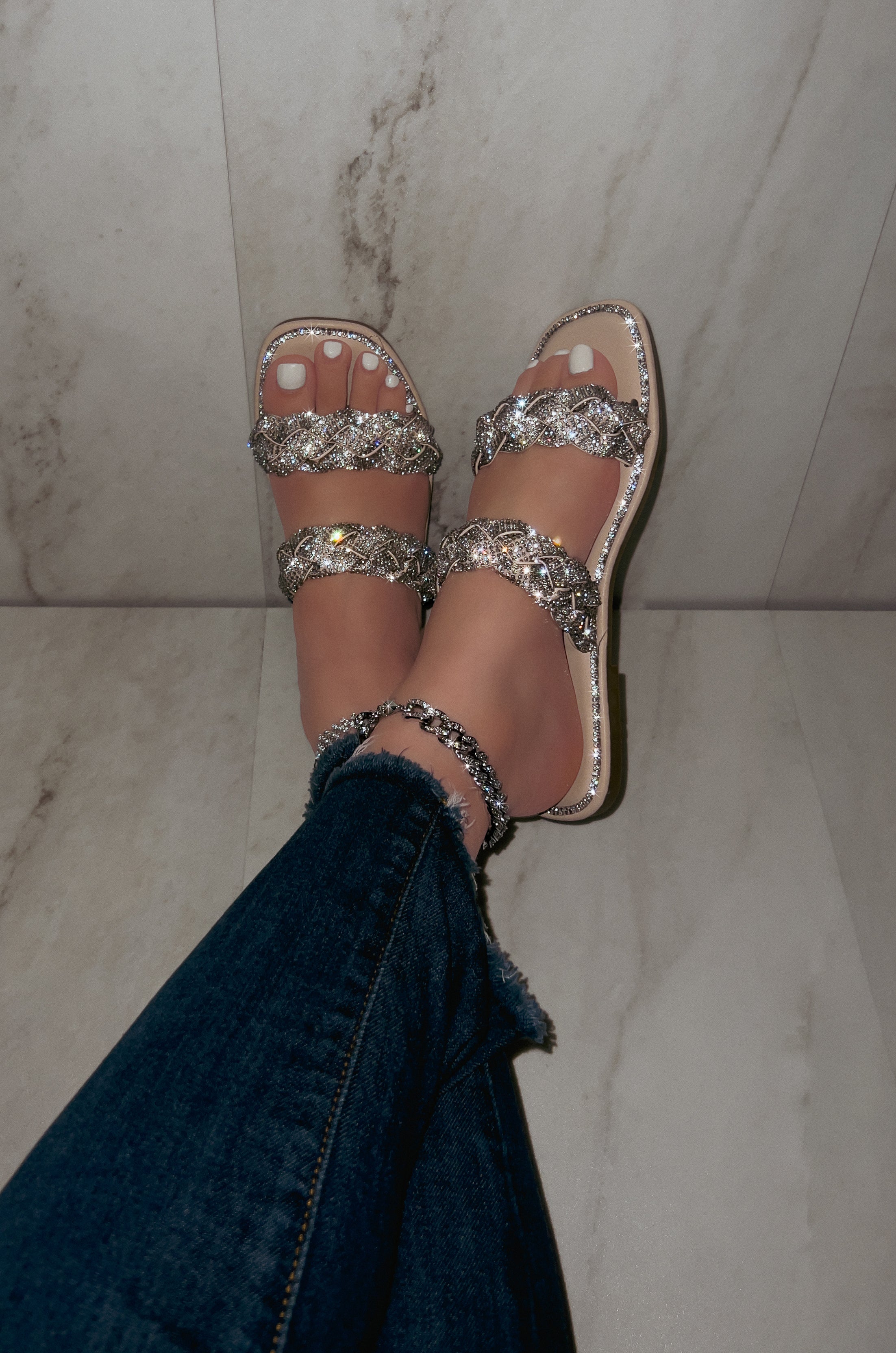 Open toe glitter studded flat sandals hot sale