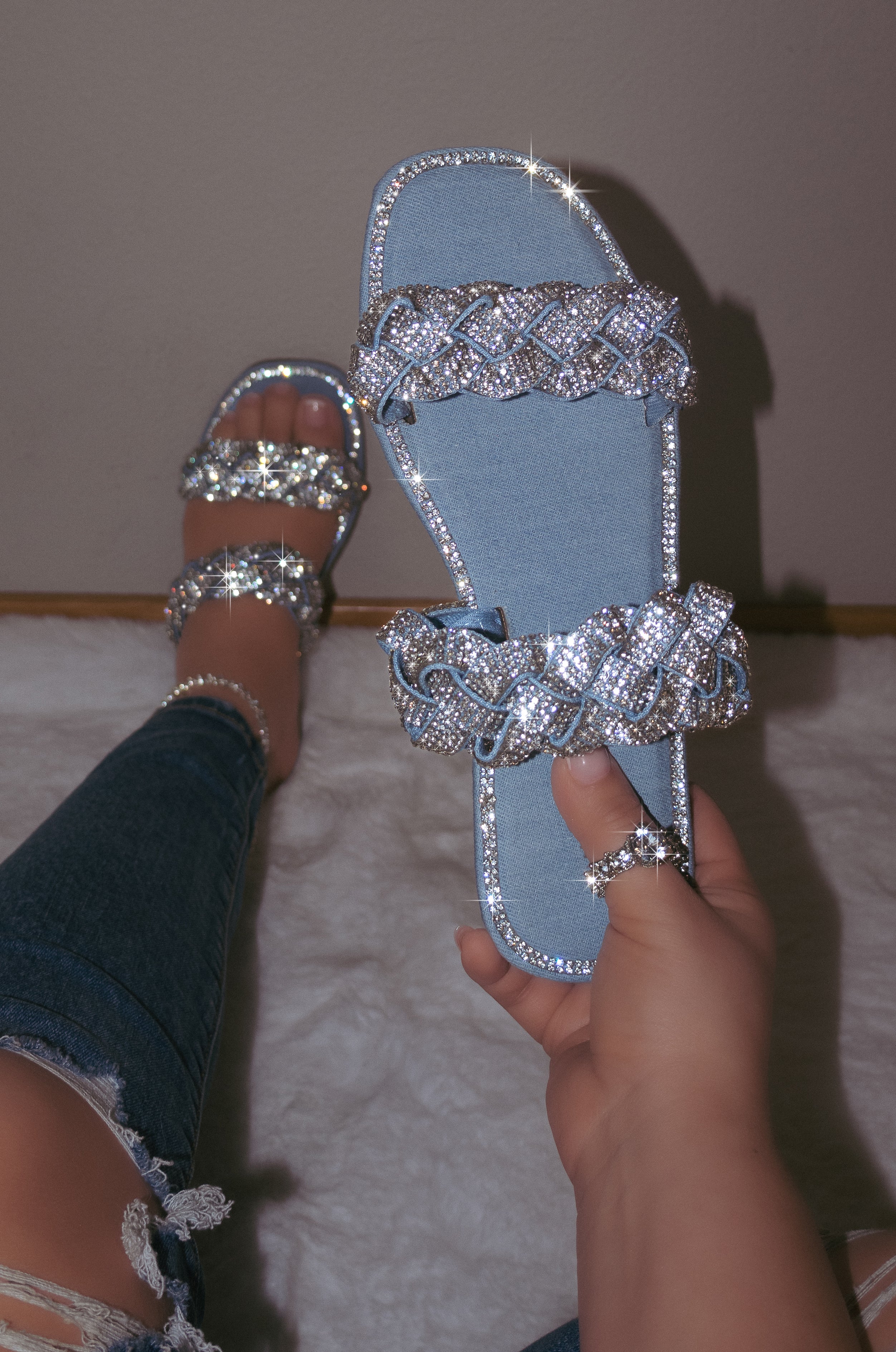 Silver rhinestone flat online sandals