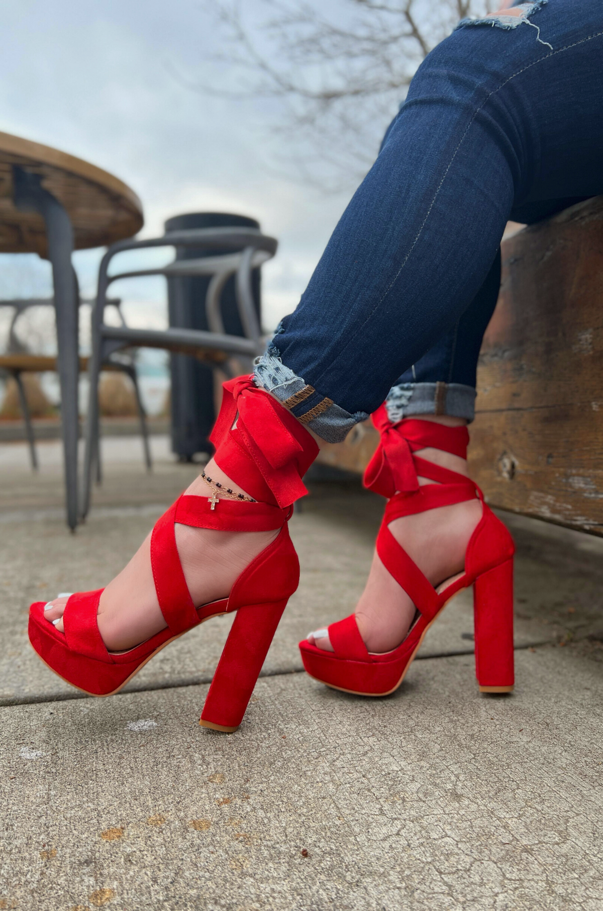 Red wrap up heels sales